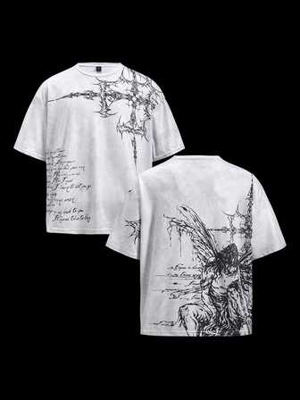 Street Life Plus Size Men's Cross Print T-Shirt - Casual Street Style Short Sleeve Crew Neck T-Shirt, Summer Fashion Streetwear
