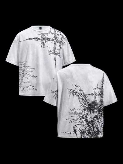 Street Life Camiseta de hombre talla grande con estampado de cruz - Camiseta de cuello redondo de manga corta estilo casual de calle, moda de verano streetwear