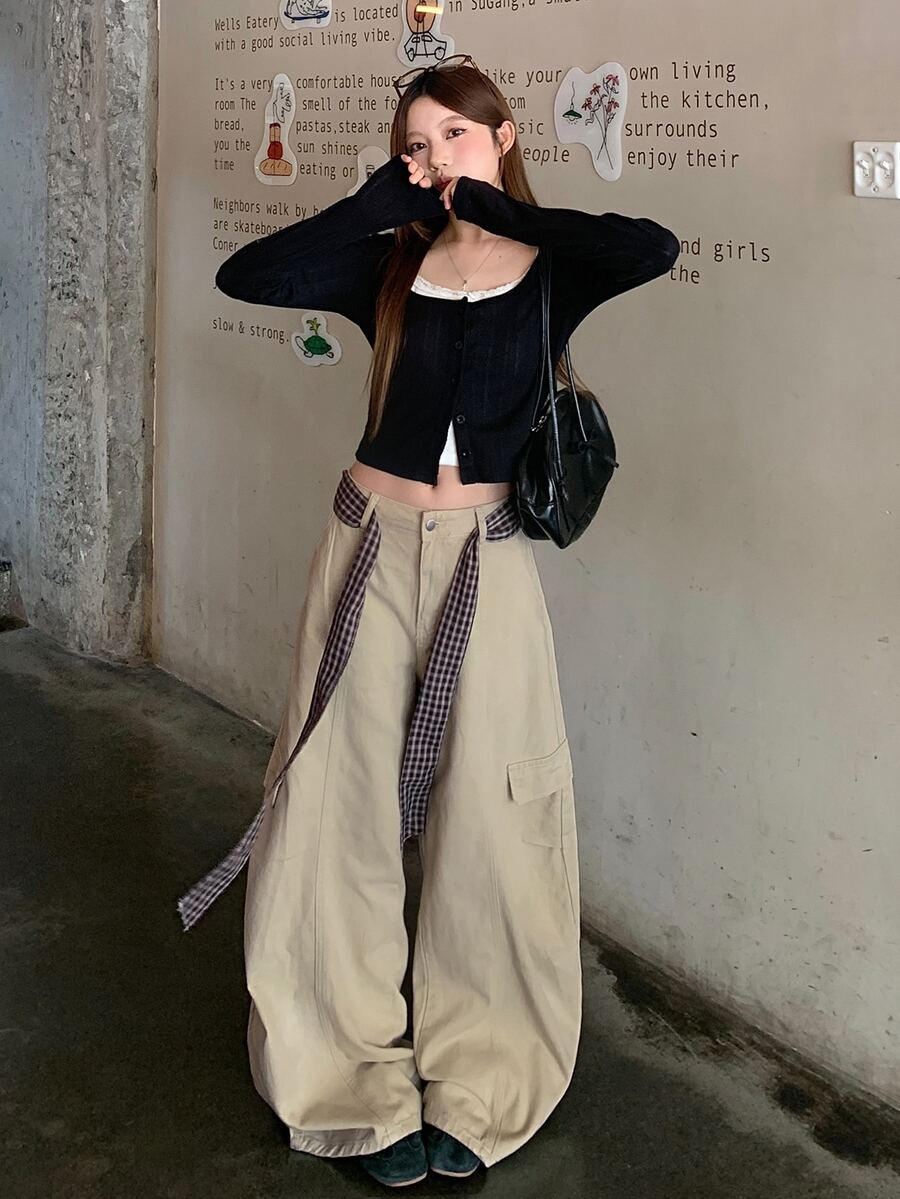 DAZY Celana Jeans Denim Kasual Kotak-kotak Wanita dengan Saku untuk Musim Gugur - Khaki - View 1