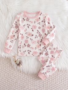 SHEIN 女嬰休閒針織花卉圖案修身居家服套裝 - 粉色 - 查看 1