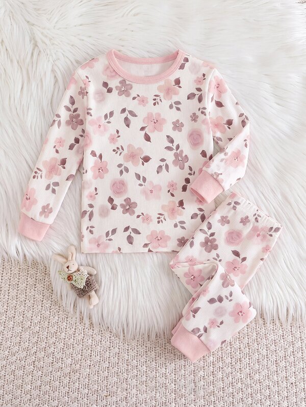 SHEIN Babygirl Casual Knitted Floral Pattern Fitted Loungewear Set