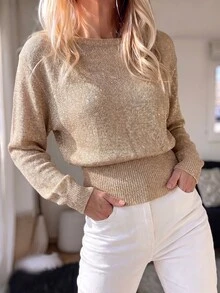 Sprig & Strand Atasan Rajut Berkilau Halus Gaya Elegan Dewasa Musim Semi/Gugur, Leher Persegi, Bahu Jatuh, Lengan Panjang, Pinggang Bergaris, Sweater Pendek, Gaya Minimalis Serbaguna Kelas Atas untuk Perjalanan Sehari-hari, Kencan, Pesta, Wanita - Khaki - View 6