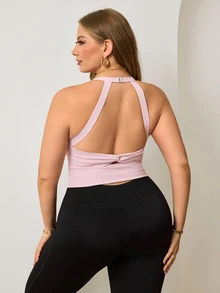 Easithlete Women's Plus Size Solid Color Casual Kawaii Versatile Daily Wear Sports Halter Neck T-Shirt Gym Light Pink Summer - Pink - View 2
