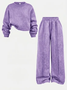 SHEIN 兒童青少年女孩秋冬休閒街頭風雪花印花寬鬆圓領長袖套頭衛衣與百褶寬腿運動長褲套裝，2件套，海軍藍 - 紫色 - 查看 2
