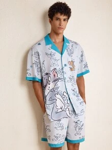 TOM & JERRY X SHEIN Men's Cartoon Print Short Sleeve Top And Pocket Shorts Loungewear Set - Baby Blue - View 5