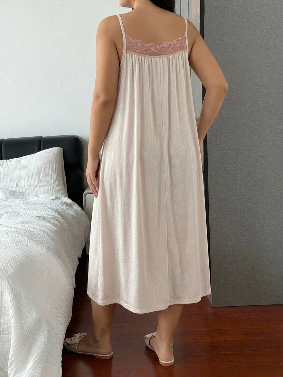 Dazy Plus Contrast Lace Elegant Loose Long Strap Loungewear Nightgown
