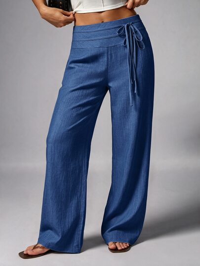 Avenya Pantaloni lunghi a vita bassa e gamba ampia per autunno/inverno, pantaloni lunghi casual da donna con effetto denim per vacanze, con design a doppia cintura, pantaloni eleganti minimalisti e larghi, pantaloni versatili da pendolarismo a gamba dritta e larghi