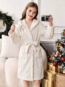 SHEIN 青少年女孩簡約秋冬舒適保暖內裡加厚純色居家服 - 白色 - 查看 1