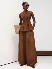 Aveloria Modichic Summer Shades Of Brown Elegant Versatile Fashion Commute Vacation Casual Old Money Slouchy Textured Linen-Like Sleeveless Pleated Round Neck Top Pants - Coffee Brown - View 6