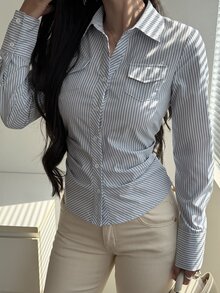 DAZY 女款條紋長袖單排扣百褶休閒襯衫 秋季 - 藍色 - 查看 5