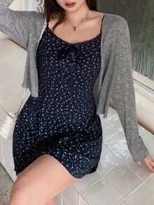 Dazy Plus Korean Style Small Ditsy Floral Short Dress & Solid Color Cardigan 2 Pieces Set, Early Autumn Vacation - Navy Blue - View 8
