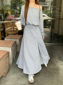 DAZY Women's Asymmetric Shoulder Casual Solid Color Long Sleeve Sweatshirt And Skirt 2 Pieces Set, Korean Style Fall - Grey - View 6