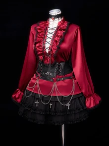 Sunspun Medieval Light Punk Y2K Vintage Ruffle Lace Tie Metal Heavy Work Halloween COS Self-Matching Women's Autumn/Winter Best-Selling Pullover Inner Layer Long Sleeve Top Plus Size Blouse - Burgundy - View 6