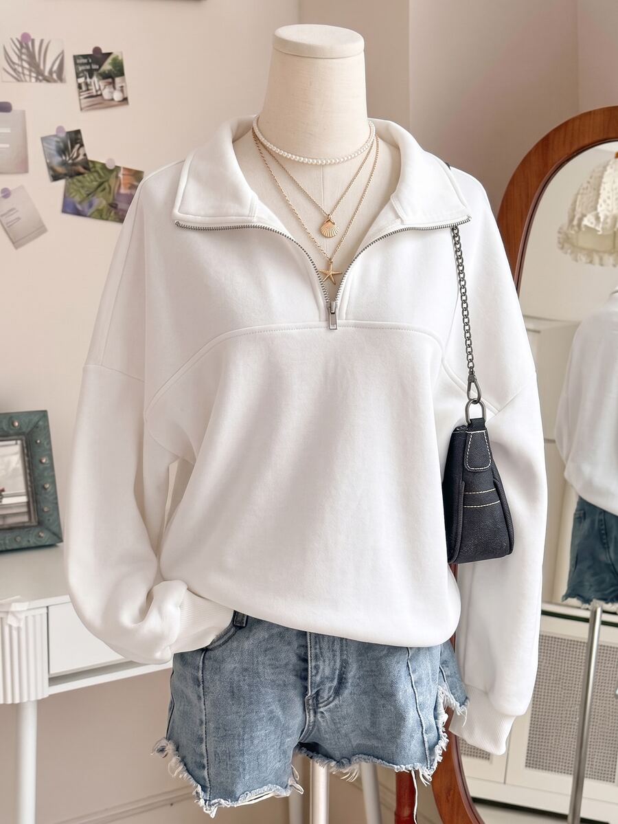 SHEIN 青少年女孩純色休閒百搭日常穿著長袖運動衫 - 白色 - 查看 1