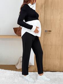 SHEIN Maternity Colorblock Patchwork Shirt And Pants 2 Pieces Set Fall - Black and White - View 6