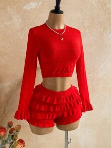 Soleia Women's Holiday Casual Cute Romantic Elegant Long Flare Crop Top And Ruffle Low-Waist Mini Skirt 2 Pieces Set, Beach Everyday Party Autumn - Red - View 7