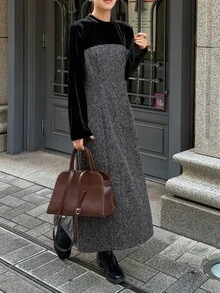 FRIFUL Gaun Wanita Elegan Gaya Prancis dengan Leher Bulat dan Lengan Panjang, Motif Blok Warna, Cocok untuk Musim Gugur, Kantor, Makan Siang, dan Makan Malam, Warna Hitam - Dark Grey - View 3