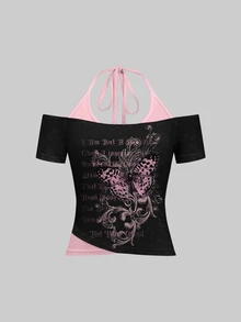 Attitoon Casual Minimalist Butterfly Print Women's 2 In 1 T-Shirt - Multicolor - View 7