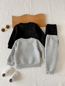 SHEIN Playful Pals 2件組男嬰幼兒運動衫運動長褲套裝，可愛學院風，黑灰色皮革貼布，羅紋袖口，長袖圓領，加厚戶外秋季連身衣 - 彩色 - 查看 2