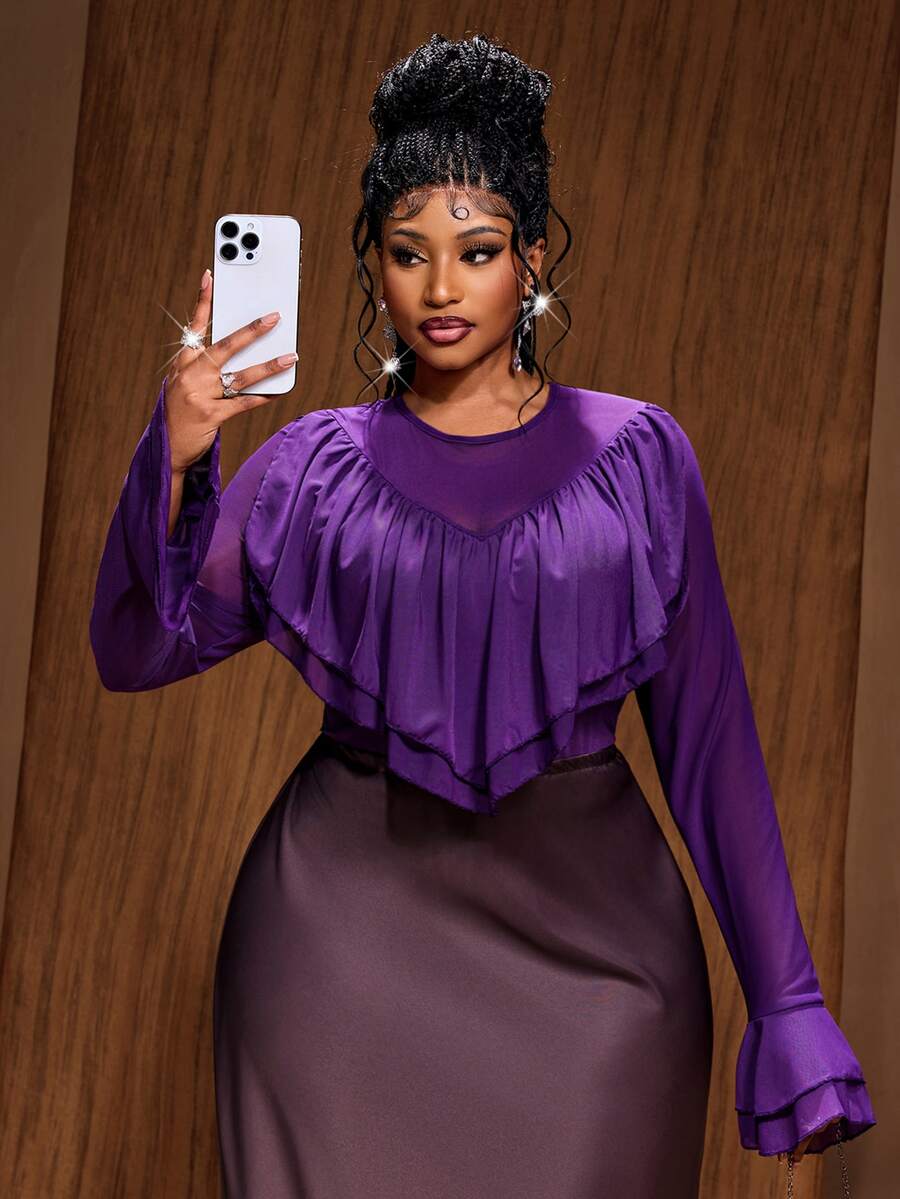 Maweii Plus Size Women's Sexy Round Neck Flowy Ruffle Trim Patchwork Long Sleeve Slim Fit Flattering Mesh Solid Purple T-Shirt Fall - Purple - View 1