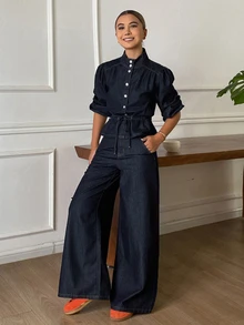 DAZY Women's Stand Collar Waist-Cinching Top And Loose Long Pants Casual Denim Set Fall - Dark Wash - View 1