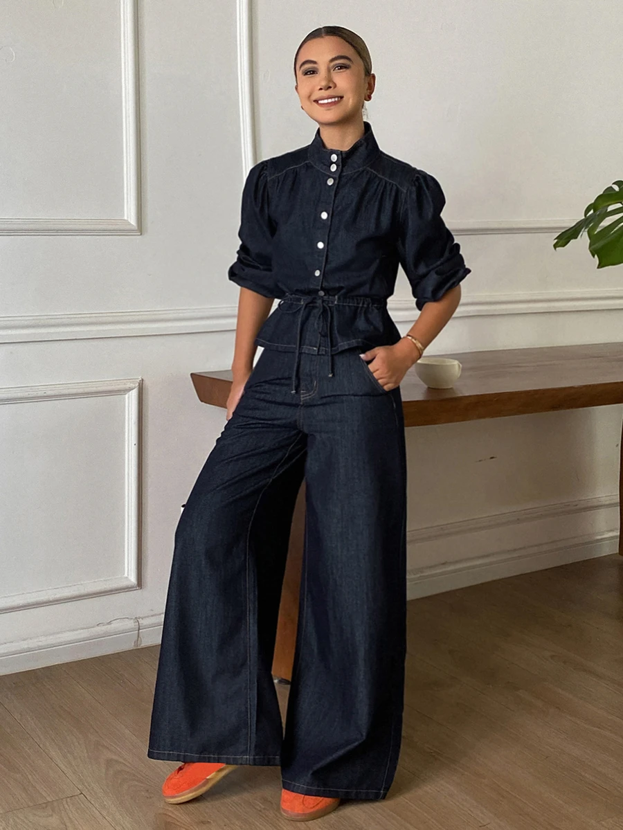DAZY Women's Stand Collar Waist-Cinching Top And Loose Long Pants Casual Denim Set Fall - Dark Wash - View 1