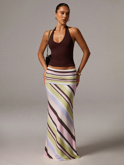 Avenya Vintage Folded Low Waist Colorful Striped Women's Slim Fit Long Skirt, Mermaid Skirt, Low Waist Slimming Bodycon Fishtail Long Skirt