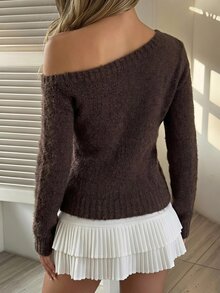 DAZY Women's Solid Color Asymmetrical Shoulder Long Sleeve Slim Fit Fashion Sweater Fall - Brown - View 3
