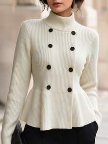SHEIN Christmas Snowflake Jacquard Turtleneck Sweater Petal Sleeve Red Knit Pullover - Beige - View 1
