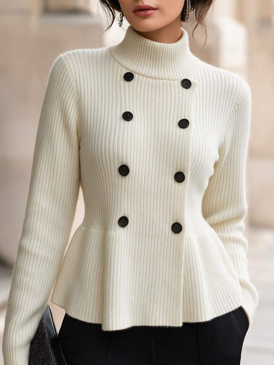 SHEIN Christmas Snowflake Jacquard Turtleneck Sweater Petal Sleeve Red Knit Pullover - Beige - View 1