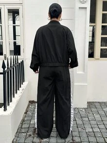 Livesso Colorblock Patchwork Sporty Casual Streetwear Loose Jacket & Pants 2 Pieces Set For Spring/Autumn - Black - View 2