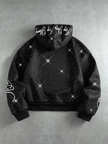ROMWE MEN Men's Loose Fit Hoodie With Sparkling Rhinestone Print Pattern - Black - View 3