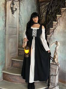 Lyrianda Gaun Cosplay Gaya Eropa-Amerika Model Ikat Bahu Terbuka Lengan Panjang Mengembang Gaya Gothic Ringan Warna Kontras Ukuran Besar untuk Wanita - Hitam dan Putih - View 3