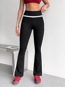 SHEIN Sports Quần thể thao nữ cạp cao ống loe phối màu đen trắng cho tập luyện ngoài trời - Đen và trắng - Xem 5