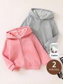 SHEIN Young Girl Solid Color Kids Heart Pattern Knitted Hooded Casual Autumn Sweatshirt 2pcs -Piece Set - Multicolor - View 3