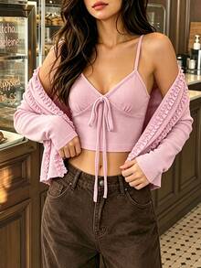 Cévolie Women's 2-Piece Set: Pink Elegant Romantic Early Autumn Knit Long Sleeve Cardigan With Ruffle Trim And Bow Tie Strap Camisole - Pink - View 6