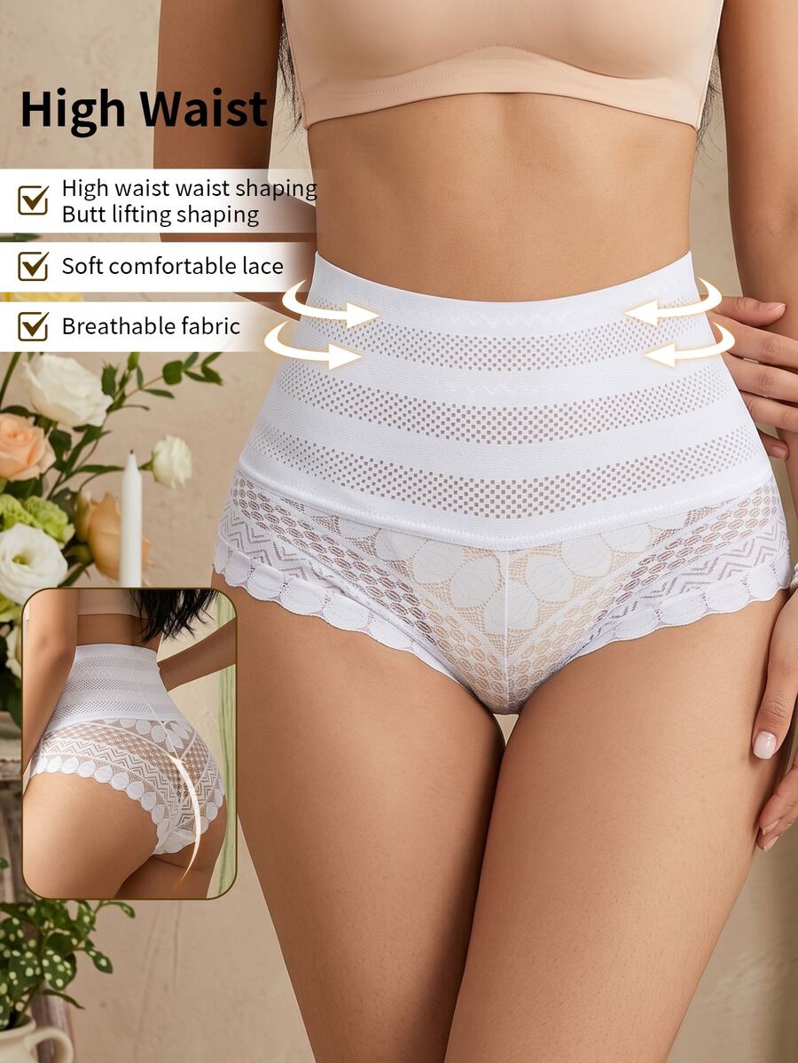 Coutiva Lace Trim High Waist Shaping Panties - White - View 1