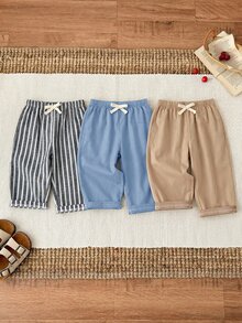 SHEIN 3件組中性嬰兒服飾 男嬰休閒可愛百搭條紋蝴蝶結裝飾鬆緊腰長褲套裝 多件裝 - 彩色 - 查看 3