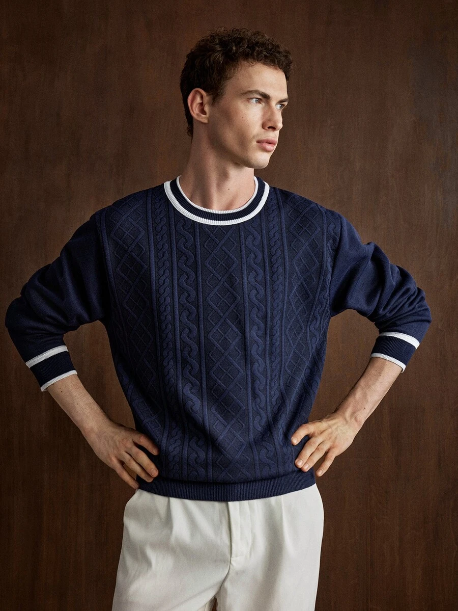 Manfinity CityGents Men's Fashion Versatile Striped Colorblock Long Sleeve Cable Knit Sweater - Navy Blue - View 1