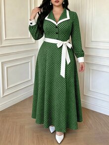 Vibekara Spring/Autumn Elegant Fashion Minimalist Date Commute Style Long Sleeve Dress Blazer Collar Dress Side Pleated Long Sleeve Red Dress Bow, Vacation, Summer Women Outfit, Spring/Autumn Japanese Sweet Cute Black And White Polka Dot Dress New Petite College Style Youthful Slimming Elegant Professional Date Long Dress Summer New French Loose Dress - Dark Green - View 3