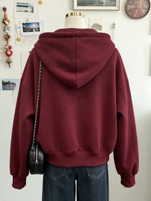 Lalippa 女款時尚設計落肩長袖拉鍊連帽衛衣，附口袋，適合秋冬穿著 - 酒紅色 - 查看 2