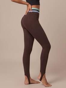SHEIN BAE Women Brown Stripe Seamless High Waist Leggings Tummy Control Gym Workout Training Running Yoga Athletic Pants - Coffee Brown - View 3