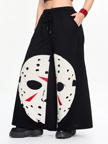 Friday the 13th X ROMWE IP Collaboration Horror Movie Graphic Patchwork Embroidery Design Plus Size Loose Streetwear Sweatpants - Black - View 5