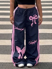 Muchica Plus Size Women's Pink Bow Navy Blue Side Stripe Long Pants - Navy Blue - View 4