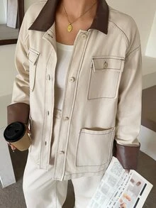 Dazy Plus Contrast Color Patchwork Pocket Decor Loose Denim Jacket And Straight Leg Pants Casual Denim Set - Apricot - View 4