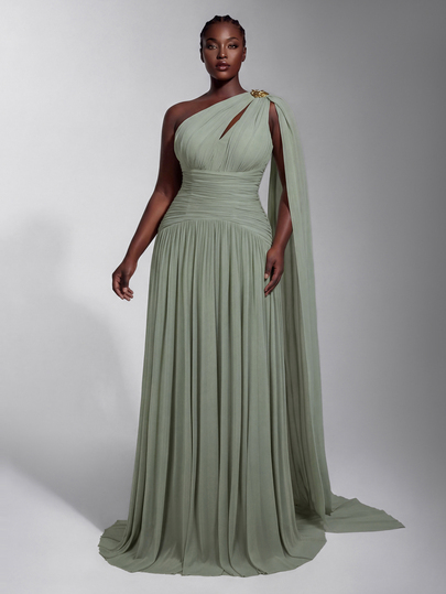 Elitara Plus Size Elegant Glamorous Metal Buckle Romantic Korean Style Ruched Sexy Slit Full Skirt Dress, Elegant Gray-Green High Elastic Knit Mesh Fabric Bandeau Front Pleated Waist Slimming Twist (Strapless Drape) Single Party Vacation Ball Graduation Season Evening Dress