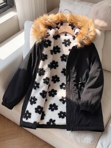 SHEIN 少女休閒花卉印花保暖內裡連帽派克夾克，秋冬返校穿搭 - 黑色 - 查看 1