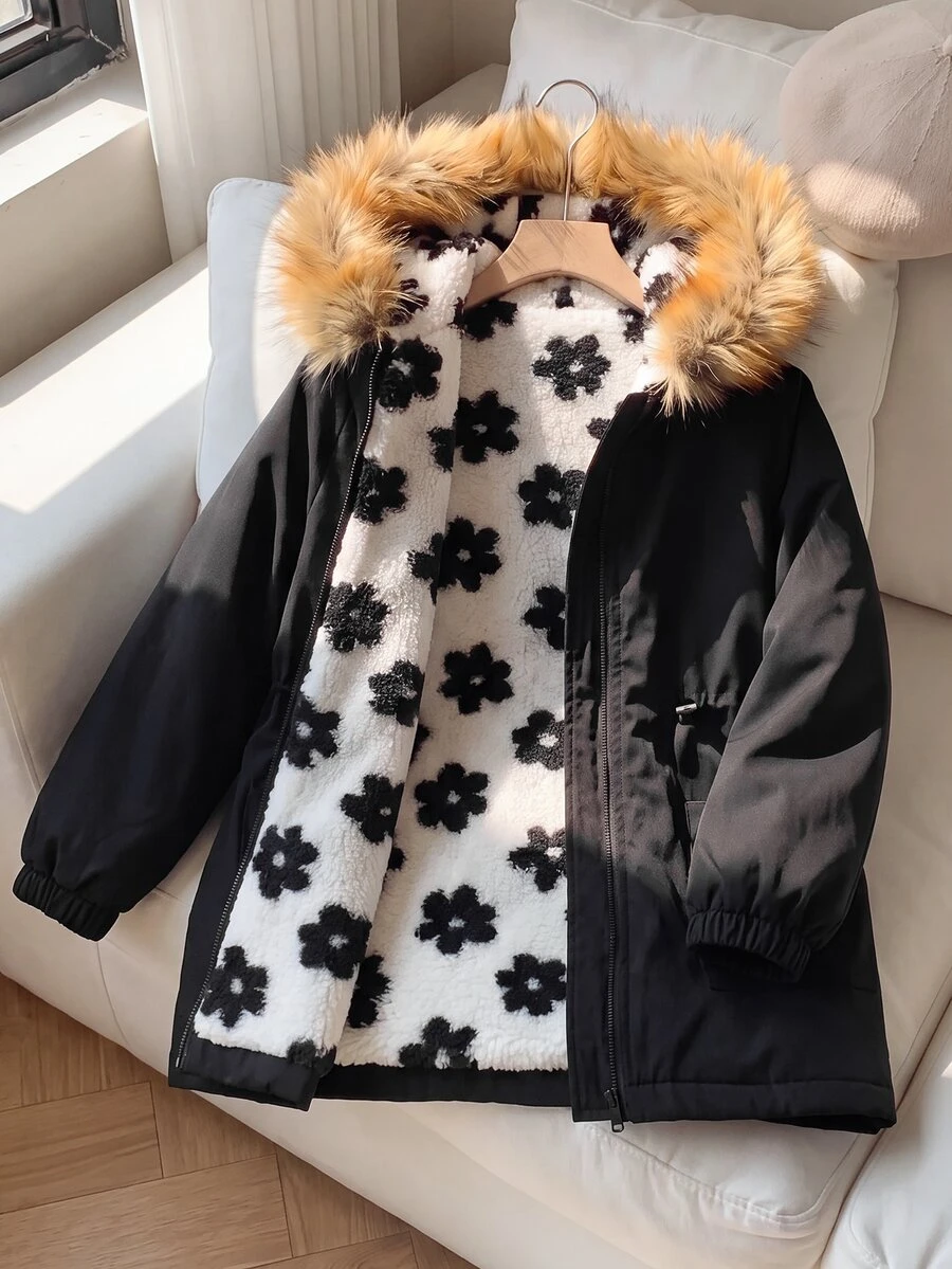 SHEIN 少女休閒花卉印花保暖內裡連帽派克夾克,秋冬返校穿搭 - 黑色 - 查看 1