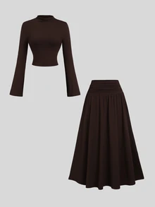 Sweetra Women's New Spring Summer Autumn Winter Outfit Half-High Neck Solid Color Top And Ruched Waist Skirt Set, Suitable For Travel, Commuting, Shopping, Dating, Dining, Versatile 2-Piece Set - Brown - View 3