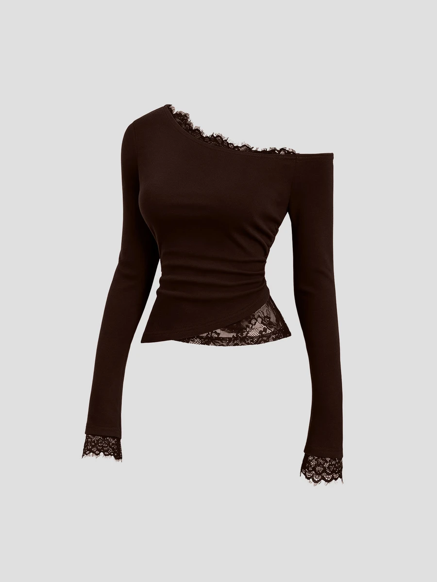 Sweetra American Hot Girl Style Lace Patchwork Sexy Asymmetric Shoulder Design Base Layer Top, Slimming Waist, Asymmetrical Hem, High-End Women's Blouse For Autumn/Winter - Brown - View 1